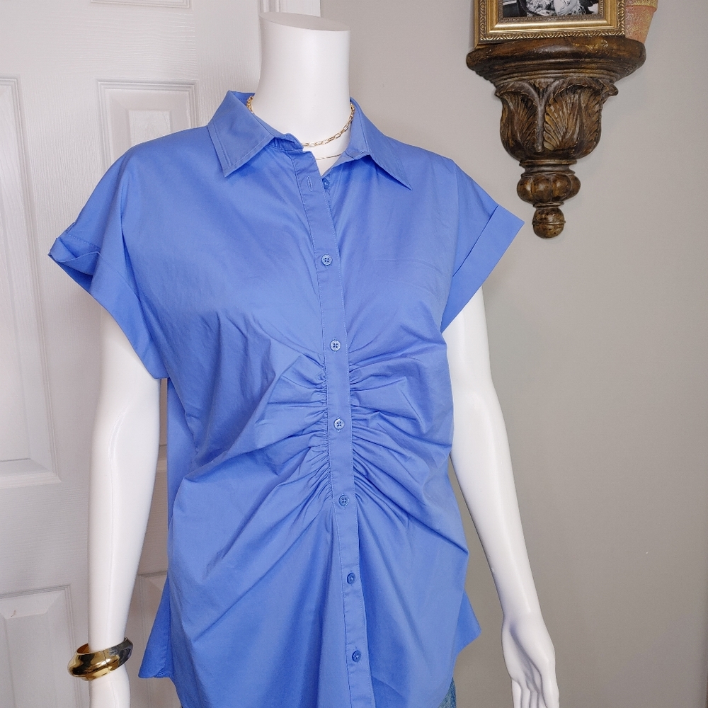 LAUREN RALPH LAUREN SHIRRED BUTTON DOWN TOP, BLUE 12 - Picture 4 of 13